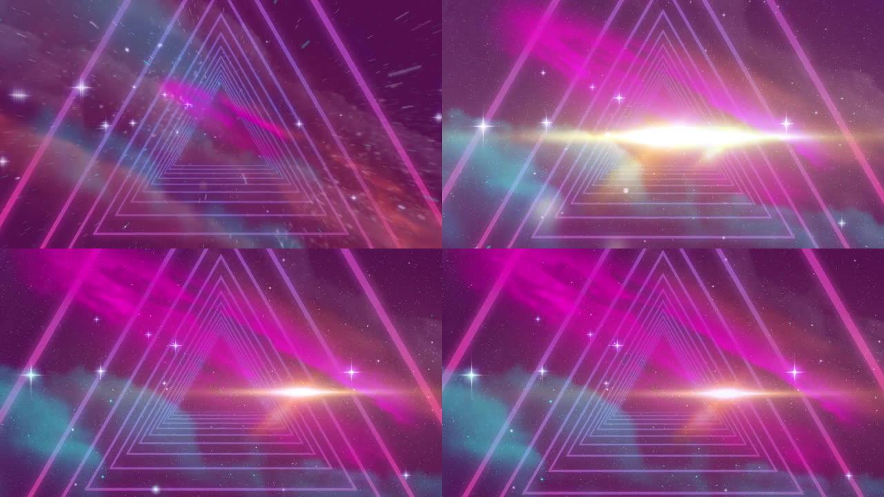 紫色发光三角形霓虹灯隧道在星星和粉红色的云背景上旋转的动画