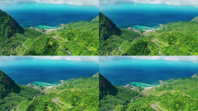 台湾金瓜石的鸟瞰图海岸线山路。