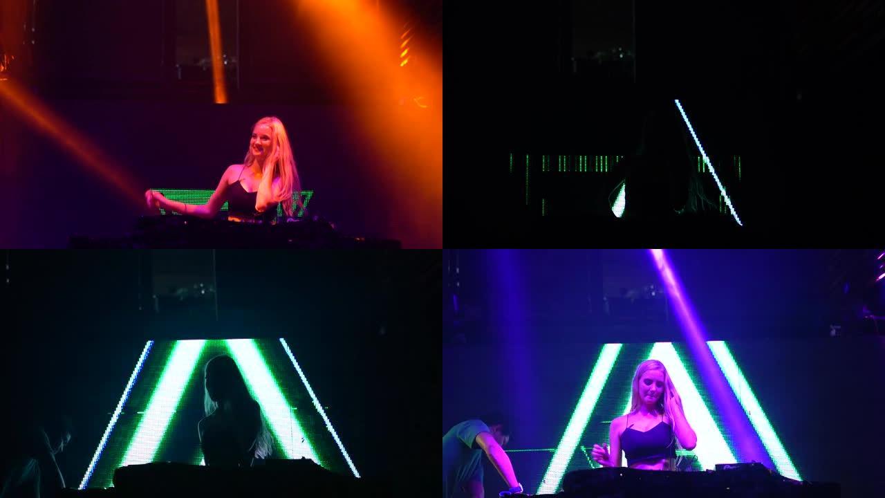 美丽的DJ女孩和跳舞的人在夜总会表演。