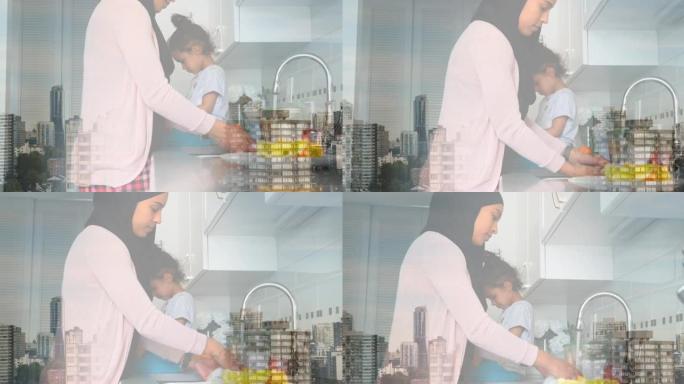 亚洲母亲与女儿在城市景观厨房中的动画