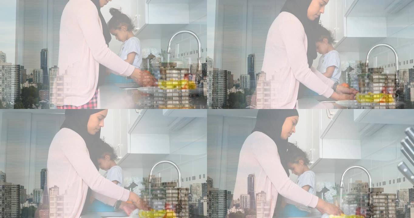 亚洲母亲与女儿在城市景观厨房中的动画