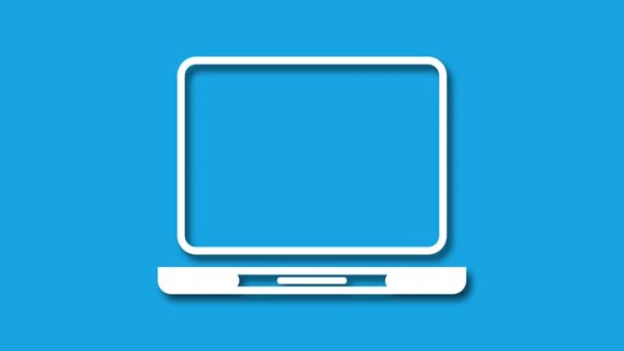 移动笔记本电脑图标图标与阴影效果隔离在蓝屏。循环运动动画。笔记本电脑和网络符号相关的4k图形素材。
