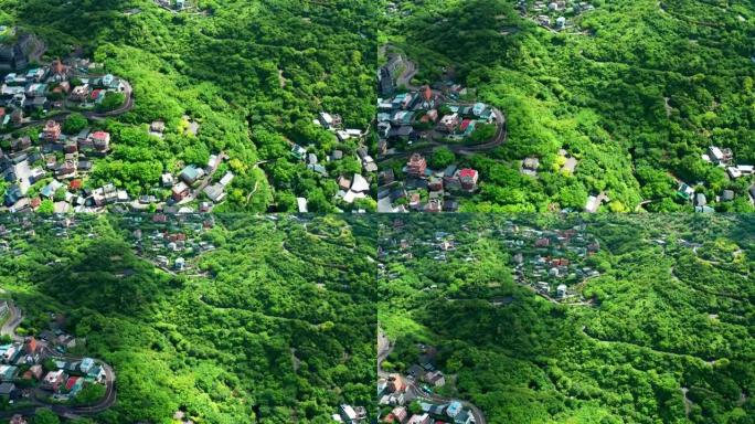 台湾金瓜石的鸟瞰山路和村庄