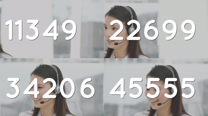 更改数字反对亚洲女性客户服务主管在办公室用电话耳机交谈
