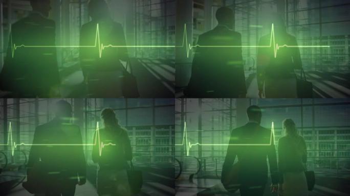 发光绿色心率监测器和数据的动画，在现代建筑中的情侣行走