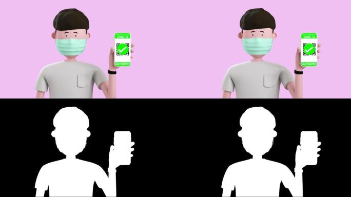 3d动画男子持有智能手机疫苗接种证书新型冠状病毒肺炎，疫苗护照。孤立在粉红色背景上。阿尔法通道哑光，