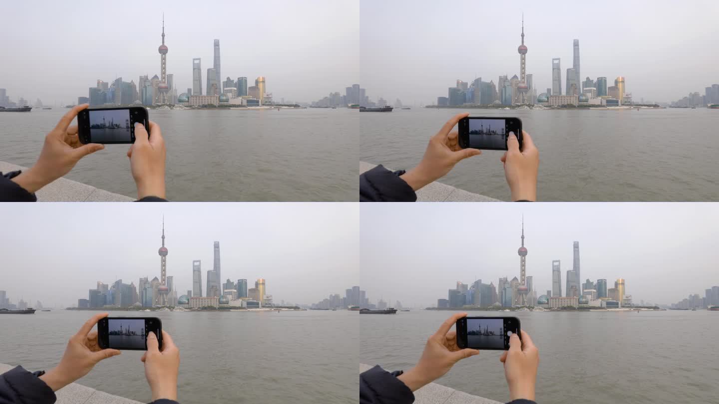 上海外滩游客拿出手机拍照4K