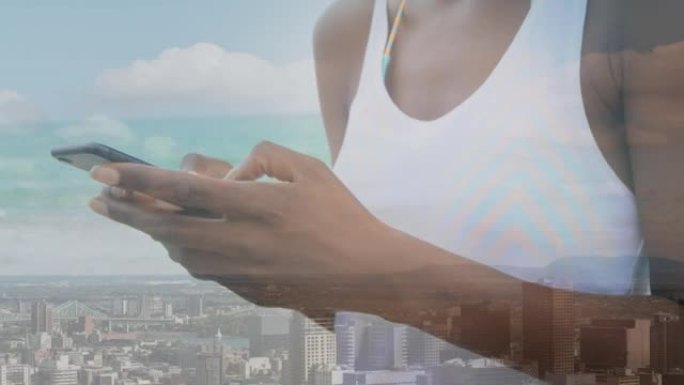非裔美国妇女在城市景观上使用智能手机的动画