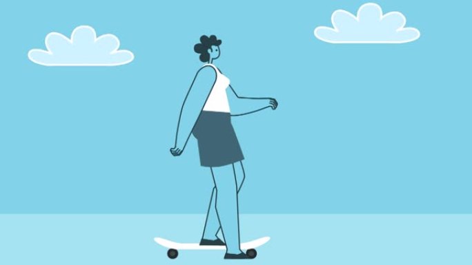 骑滑板的女人。娱乐、生活方式和休闲概念。平面设计卡通人物孤立循环2d动画