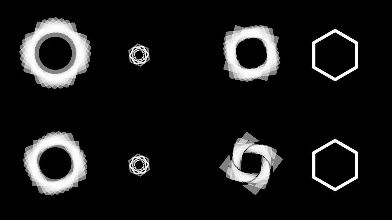 黑色背景下抽象几何形状旋转的数字动画