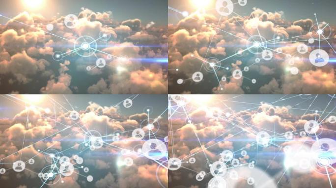 云和天空上带有图标的连接网络动画