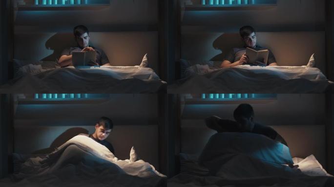 床上阅读夜乏力疲惫的男人关闭书