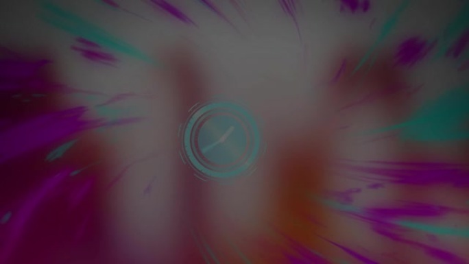 时钟的动画，双手在模糊的背景上旋转着粉红色和蓝色的灯光