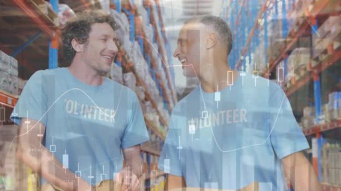 两名白人男性志愿者在仓库互相击掌的统计数据处理