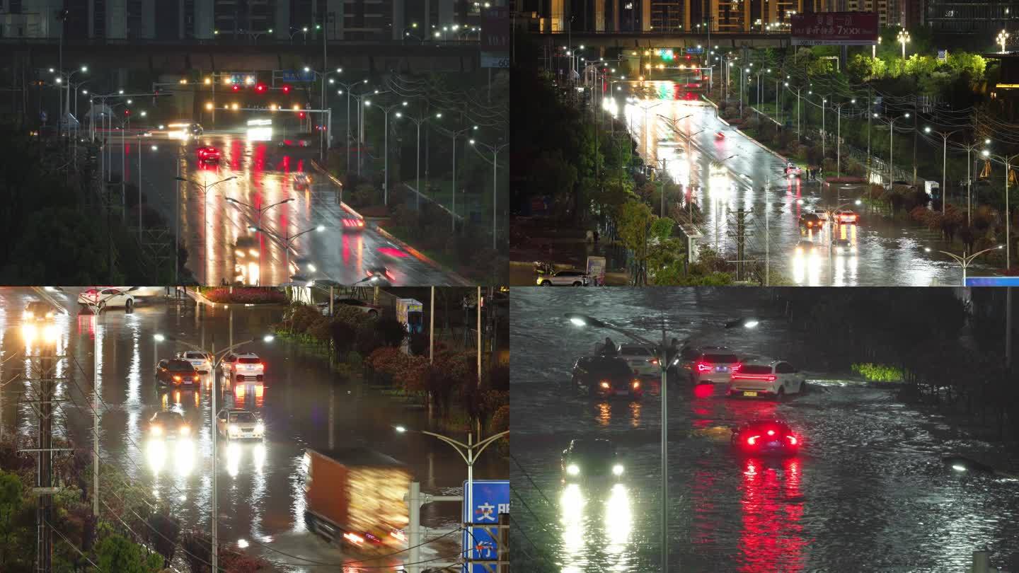 大雨倾盆，马路被淹车辆被困。