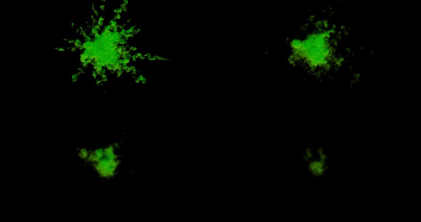 绿色粉末粉尘爆炸，黑色背景4K