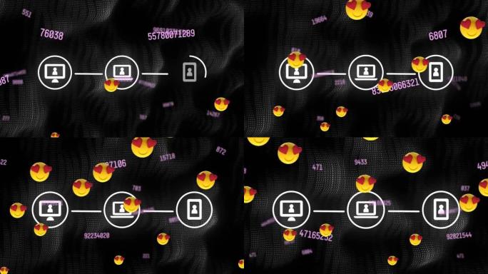 多个心脏眼睛面对表情符号浮动和数字变化网络的数字图标