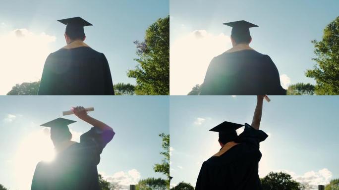 剪影日落时，大学毕业生的近距离后视图上路。慢动作镜头