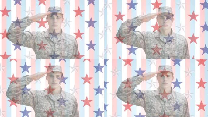 动画的星星在美国国旗和士兵在条纹背景敬礼