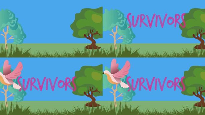 动画的粉红色幸存者的文字在树和鸟