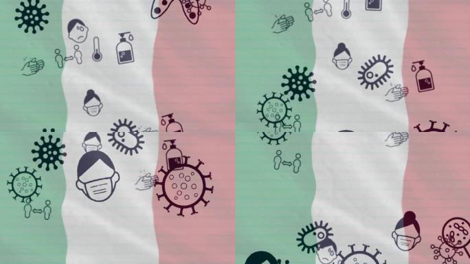 意大利国旗上的covid 19病毒细胞和数字图标的动画