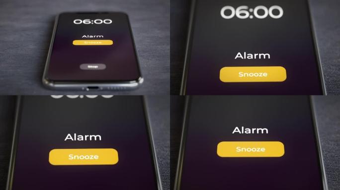 桌子上的智能手机显示闹钟响上午6:00特写镜头4k