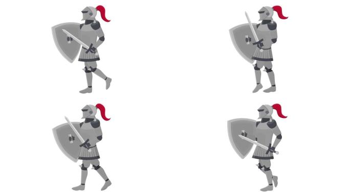 骑士。中世纪战士的动画在盔甲和武器。卡通
