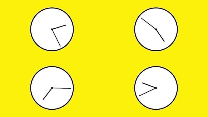 带阴影的动画2d时钟。时钟的指针速度旋转。黄色背景上的2d时钟隔离。12小时延时时钟。