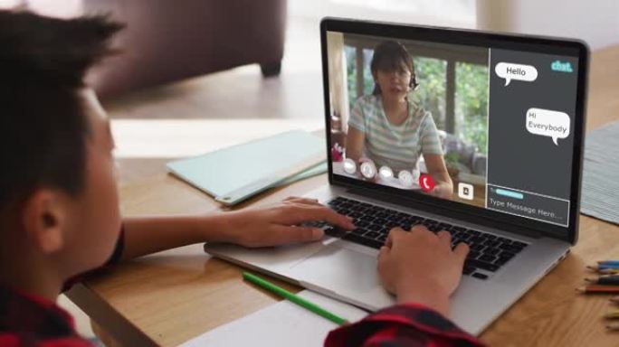 小学生在家中使用笔记本电脑进行在线课程，女教师在屏幕上讲话和网络聊天