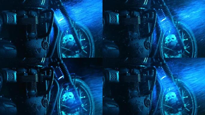 复古风格的摩托车在霓虹蓝光下洗涤。用水清洗经典黑色摩托车的细节。咖啡馆风格。机动车辆的维护