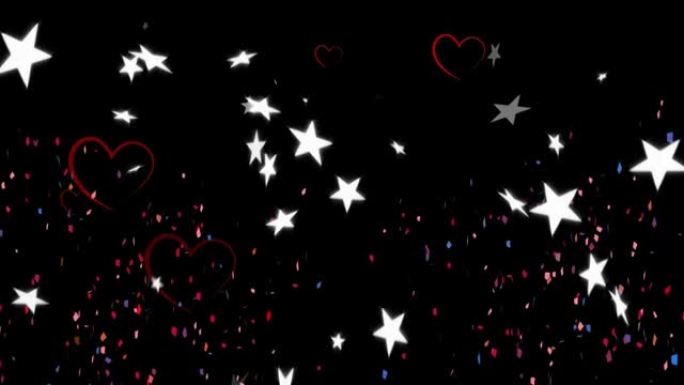 五彩纸屑落在红心和星星图标落在黑色背景上的数字动画