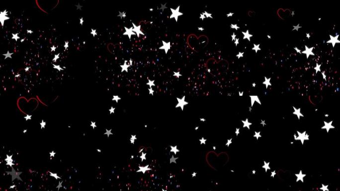 五彩纸屑落在红心和星星图标落在黑色背景上的数字动画