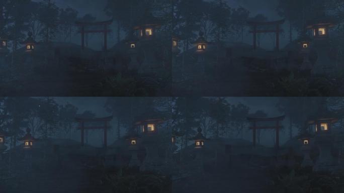 一座旧日本神社的动画，晚上有鸟居和石灯