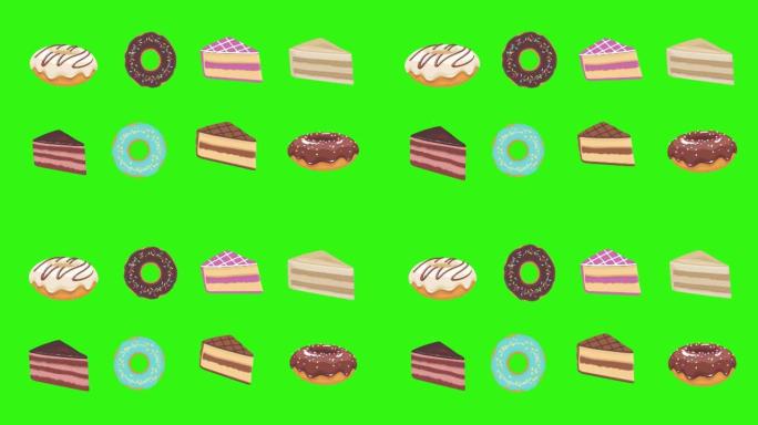 绿屏色键上的甜甜圈和蛋糕组卡通动画