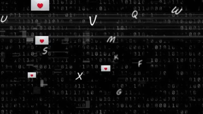 心脏在黑色背景上的多个消息图标和浮动在二进制编码上的字母