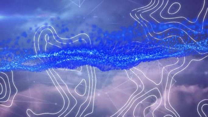 蓝色数字波对抗蓝天云层上的地形和连接网络