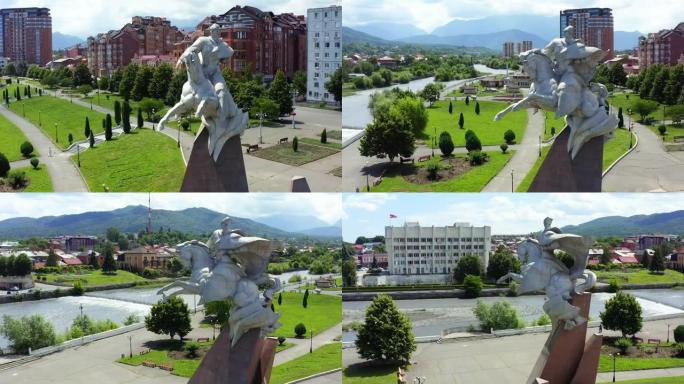 弗拉季卡夫卡兹市、广场和普利耶夫·伊萨·阿列克桑德罗维奇将军纪念碑的鸟瞰图