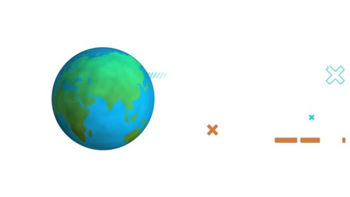 地球图标旋转和白色背景下抽象彩色形状的数字动画