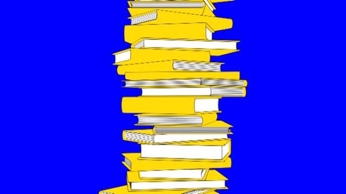 一堆黄色书籍孤立在蓝色色度关键背景上。