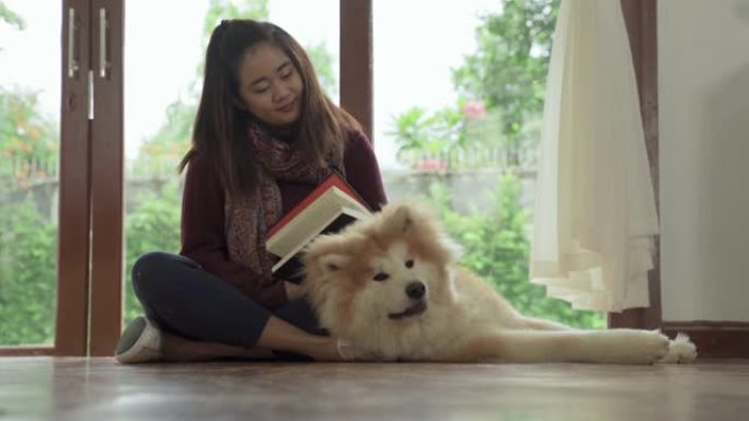 美丽的亚洲女人在客厅里看书，俯瞰着后院的草坪，她的秋田犬宠物。