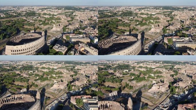 罗马，意大利，欧洲的罗马斗兽场和罗马广场的无人机视图
