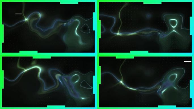 黑色背景上发光液体移动的动画，带有绿色和白色线条