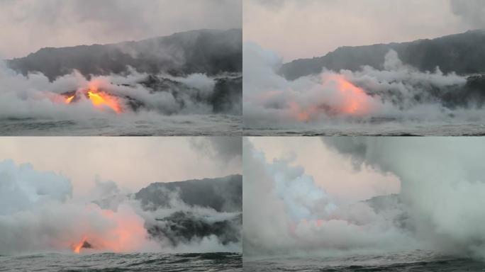 熔岩海洋流动的熔岩到达夏威夷大岛的海洋。从美国夏威夷火山国家公园附近的基拉韦厄火山流出的水中看到的熔