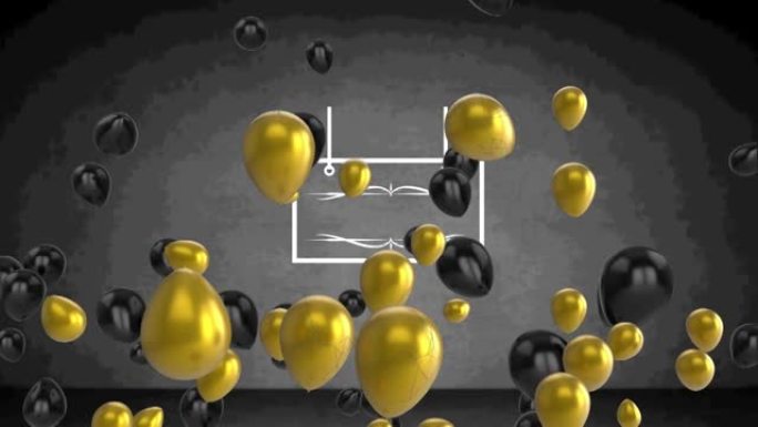 灰色背景上带有复制空间的金色和黑色气球飞越框架的动画