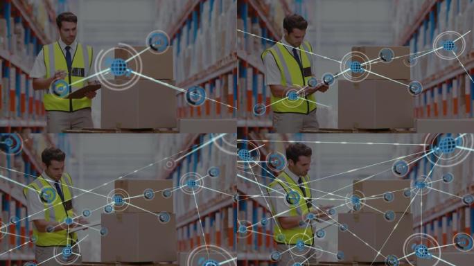 高加索男性主管上的数字图标网络，剪贴板在仓库检查库存