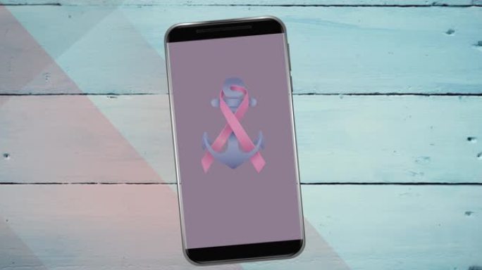 粉红乳腺癌丝带锚标志在智能手机屏幕上的动画