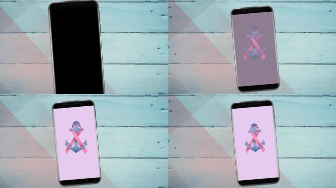 粉红乳腺癌丝带锚标志在智能手机屏幕上的动画