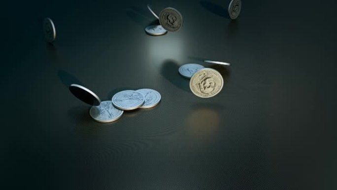 计算机生成的美元硬币在碳地板上掉落和弹跳