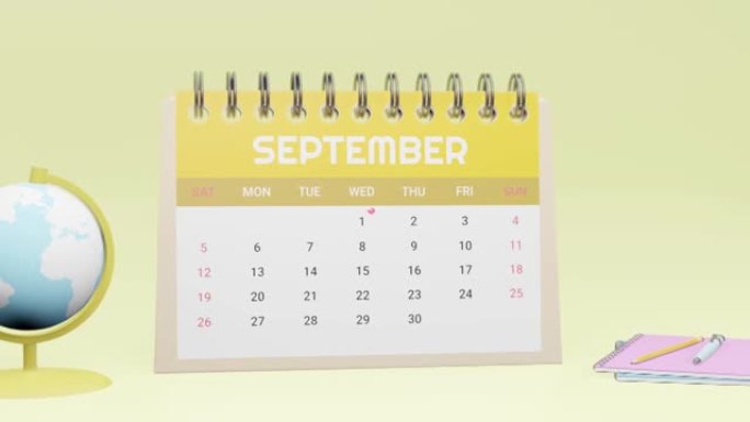 带有9月1日日期的3d 4k日历动画。学年开始
