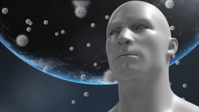 漂浮在人脸模型上的多个新型冠状病毒肺炎细胞的数字动画
